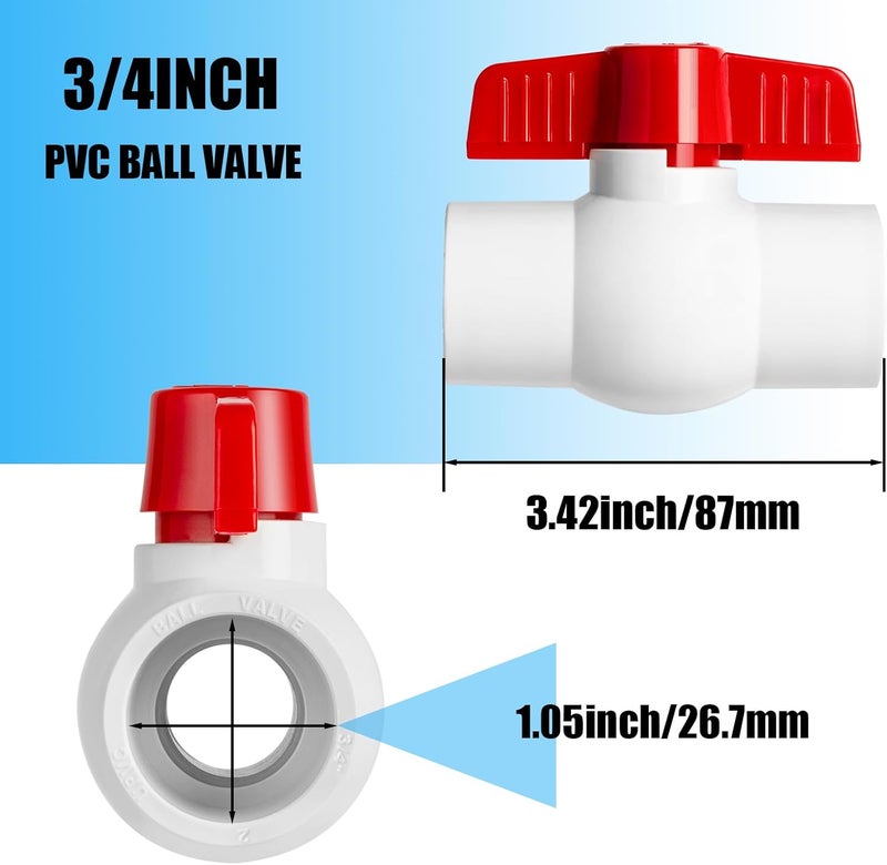 AODESTINY 8PCS 3/4" PVC Ball Valve, Shut-Off Ball Valves Socket with Easy Turn Red T-Handles, Slip PVC Valve for Water Project, Swimming Pool, Sewage Pump, Sprinkler Lines, Outdoor Plumbing & Irrigation System - Image 2